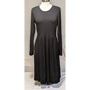 DB MOON Casual Black Long Sleeve Dress Pockets Loose Plain Pleated Med Dress NWT